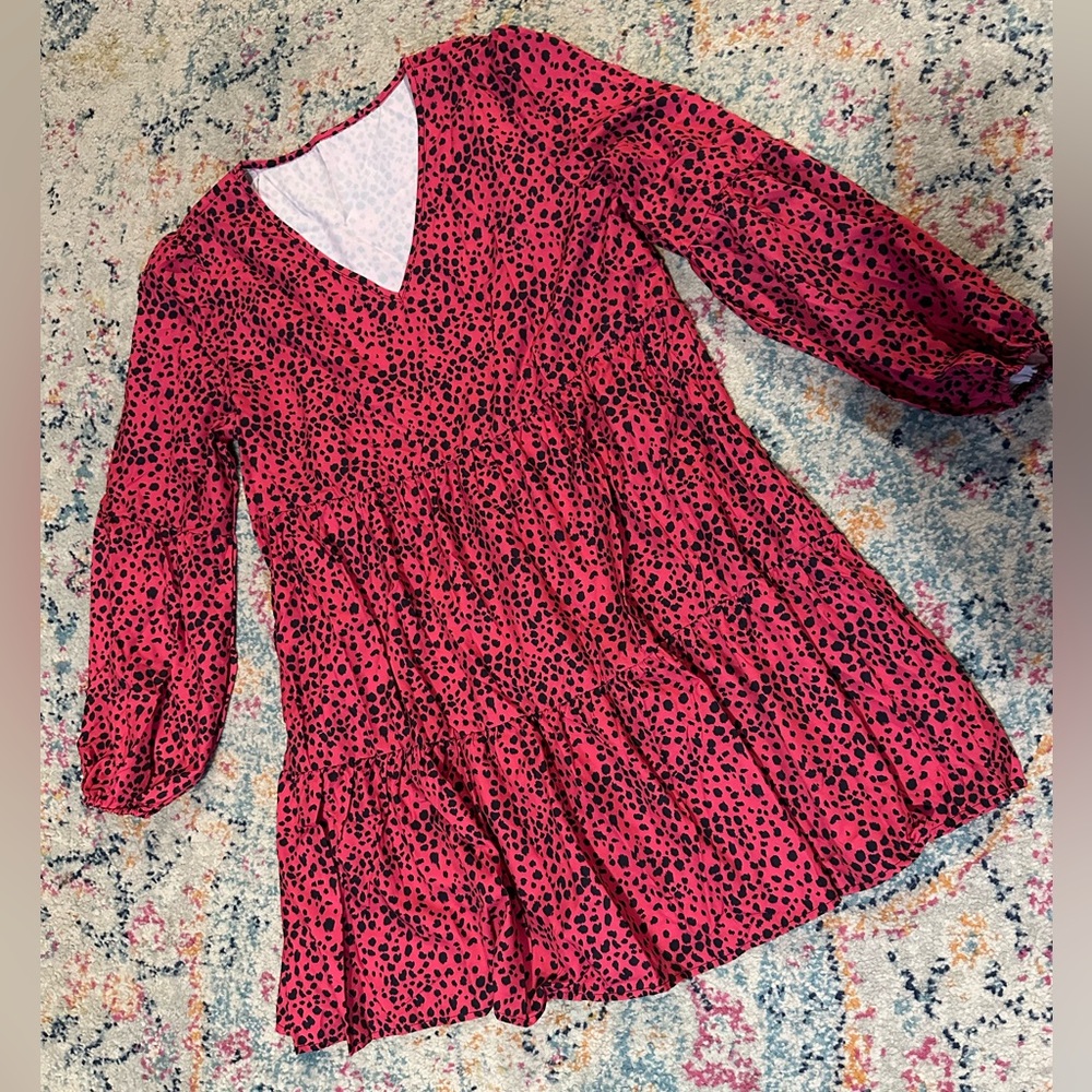 Pink polka dot tiered dress, woman’s mini dress, size L, summer, lantern sleeve
